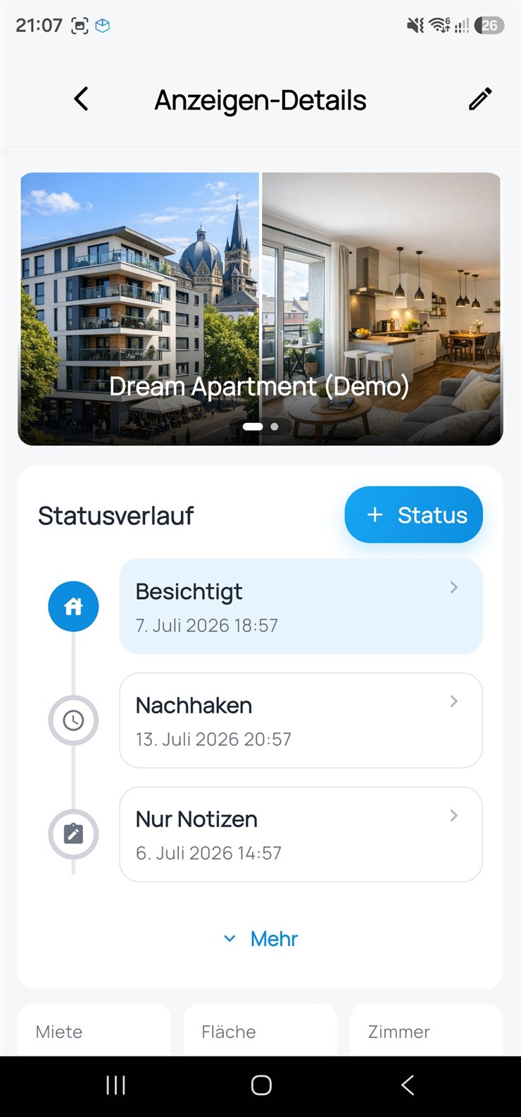 Flatlyst App: Statusverlauf einer Wohnung. Die abgebildeten Wohnungsfotos wurden mit KI erstellt.